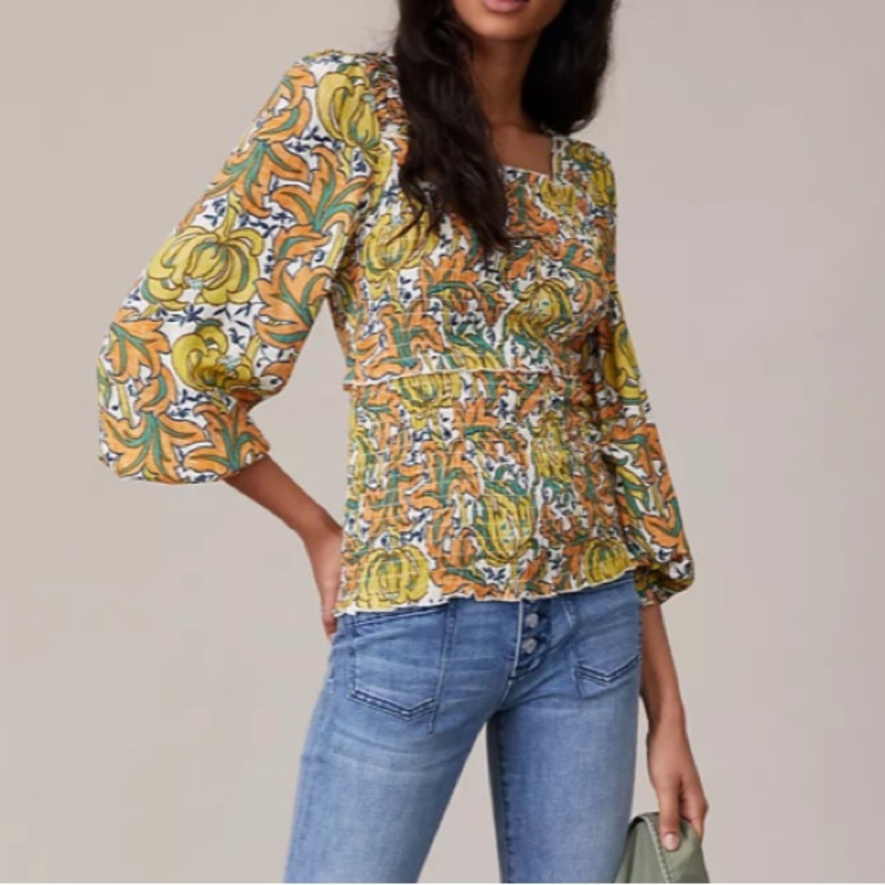 Anthropologie Rayna Smocked Floral Print Puff Sleeve Blouse | Size XS | NWOT